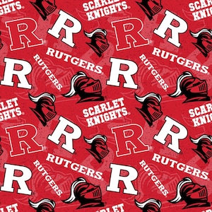 May include: Red fabric with a repeating pattern featuring the letter "R", the words "Rutgers" and "Scarlet Knights", and a knight's helmet. The design is in white and black on a red background.