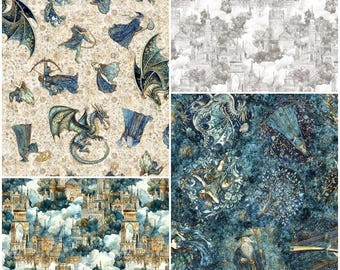 Medieval Folklore Dragons, Knights, Magic Fantasy, Wizards, Castles Teal Brown 100% Cotton Fabric for Quilting by QT! 4 Styles
