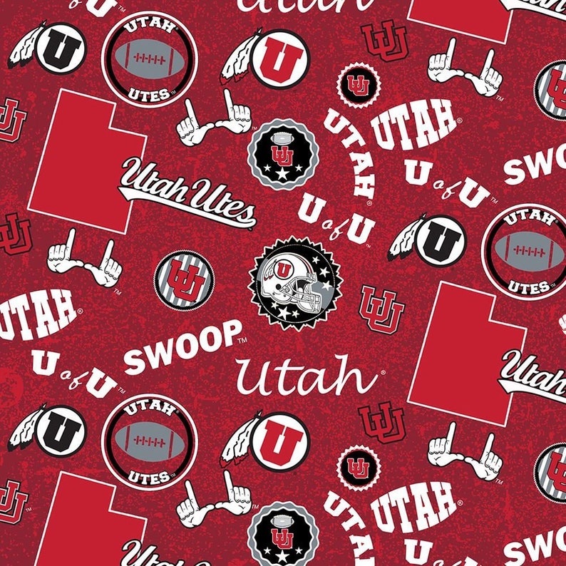 NCAA University of Utah Utes Swoop Red & Black College Logo 100% Cotton Fabric by Sykel 4 Styles 1208 HOME STATE