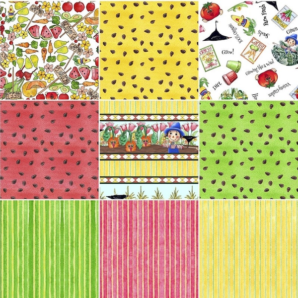 Vegetable Medley Garden, Veggies, Fruits, Scare Crow, Watermelon, Seeds, 100% Cotton Fabric by QT Fabrics! 9 Styles