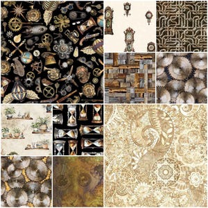 May include: A collage of various patterned fabrics. The patterns include steampunk gears and gadgets on black, antique clocks, wood planks, saw blades, hourglasses, and floral paisley designs in shades of brown and beige.