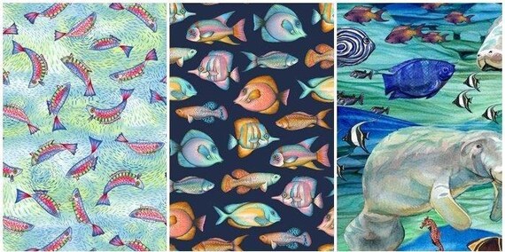 Off the Hook Salt Water Fishing Fish Manatees Coral 100% Cotton Fabrics! 5 Styles