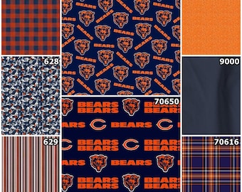May include: A collection of fabric swatches featuring various patterns including a navy and orange buffalo check, a Chicago Bears logo print, a solid orange texture, a digital camouflage, a solid navy, a striped pattern, and a plaid.