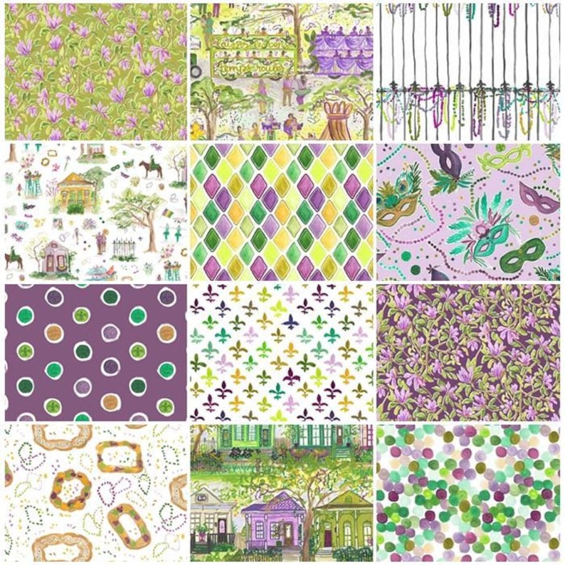 Carnaval de Mardi Gras, Martes de Carnaval, Nueva Orleans, cuentas, plumas, lentejuelas, Nola, confeti. ¡Telas 100 % algodón! 12 estilos. imagen 1