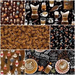 Könnte beinhalten: Eine Collage aus kaffeebezogenen Mustern mit Illustrationen von Kaffeebohnen, verschiedenen Brühgeräten, Latte-Tassen, Kürbissen und Dampfwirbeln. Der Text enthält Phrasen wie This coffee is making me awesome und Fall.