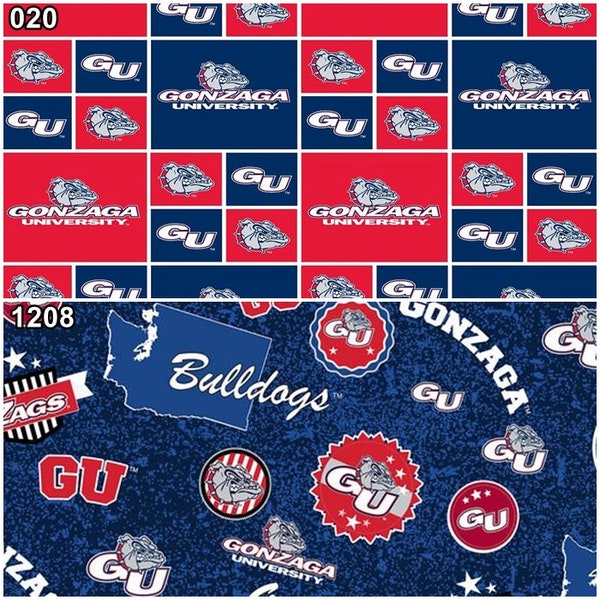 NCAA Gonzaga University Bulldogs Red & Navy College Logo 100% Cotton Fabric by Sykel! 2 Styles