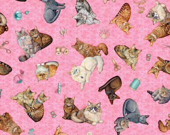 Quilt Room Kittens 30379-P Pink Kitty Cats Meow 100% Cotton Fabric by QT!