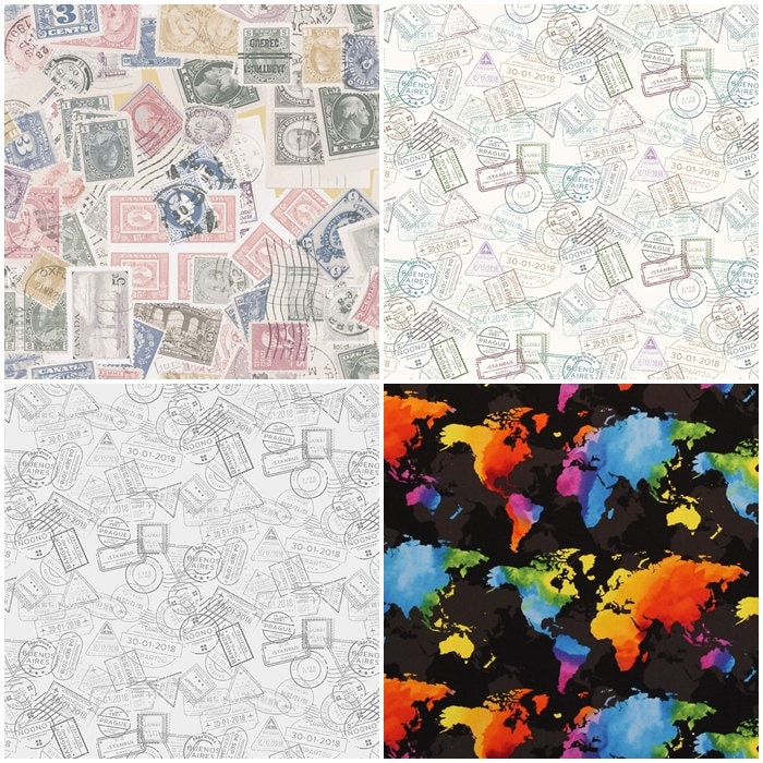 Postage stamp fabric postage letter mail travel from Brick House Fabric:  Novelty Fabric