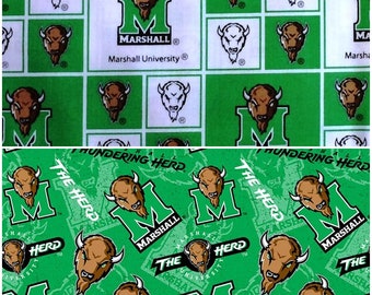 NCAA Marshall University Kelly Green & White Thundering Herd College Logo Cotton Fabric! We are Marshall