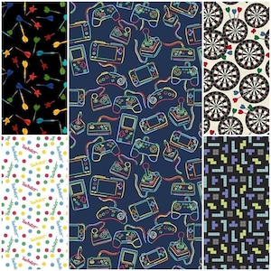 May include: A collage of five fabric patterns featuring a black background with colorful darts, a dark blue background with neon-style video game controllers, a white background with dartboards, a white background with colorful dots and the text Twister, and a black background with geometric block shapes.