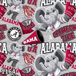 NCAA Alabama Crimson Tide Crimson & Black College 100% Cotton Fabric Roll Tide 15 Styles 1164 GREY MASCOT