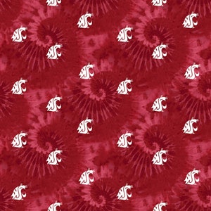 NCAA Washington State Cougars Red & Grey 100% College Logo Cotton Fabric by Sykel 5 Styles 1316 TIE DYE RED