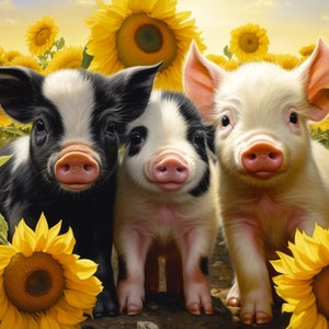 Hello Sunshine 3 Pigs Sunflowers #6449 100% Cotton Fabrics 36&quot; Panel for Quilting!
