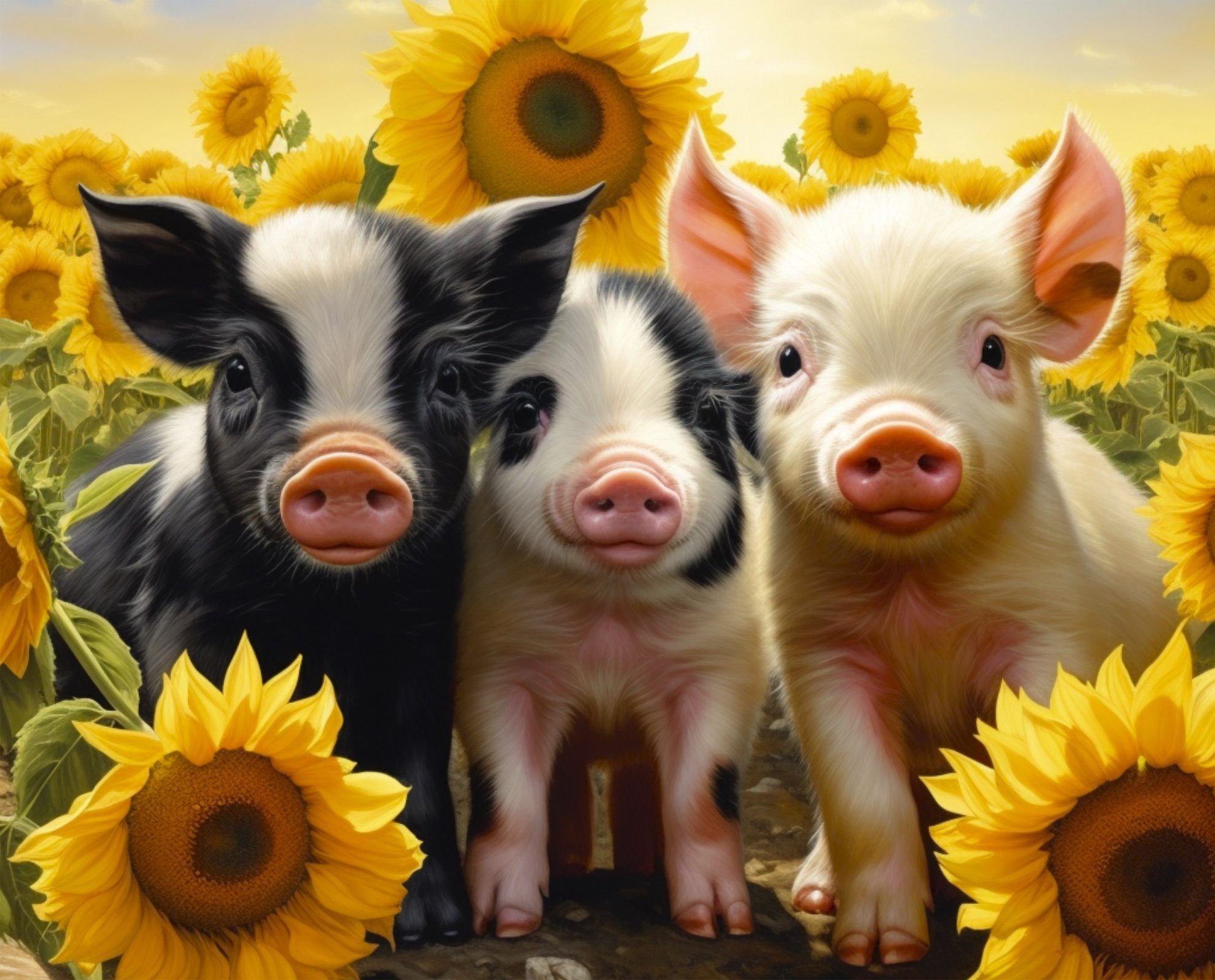 Hello Sunshine 3 Pigs Sunflowers #6449 100% Cotton Fabrics 36" Panel for Quilting!
