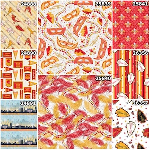 K&ouml;nnte beinhalten: Eine Sammlung von Stoffmustern mit verschiedenen Designs. Enth&auml;lt Muster mit Football-Themen, Fleur-de-Lis, Federn, Masken und Stadtlandschaften. Farben sind Rot, Gold, Wei&szlig; und Blau. Einige Muster haben Text.