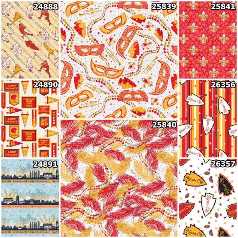 K&ouml;nnte beinhalten: Eine Sammlung von Stoffmustern mit verschiedenen Designs. Enth&auml;lt Muster mit Football-Themen, Fleur-de-Lis, Federn, Masken und Stadtlandschaften. Farben sind Rot, Gold, Wei&szlig; und Blau. Einige Muster haben Text.