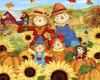 Autumn Scarecrow Family Sunflowers Red Barn Pumpkin Patch #5714 100% Cotton Fabric 36&quot; Panels!