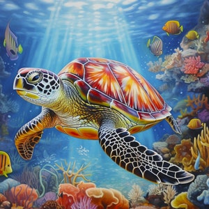 May include: A colorful sea turtle swims through a vibrant coral reef. The turtle has a red, orange, and yellow shell with a black and white pattern on its flippers. The coral reef is filled with colorful fish and plants.