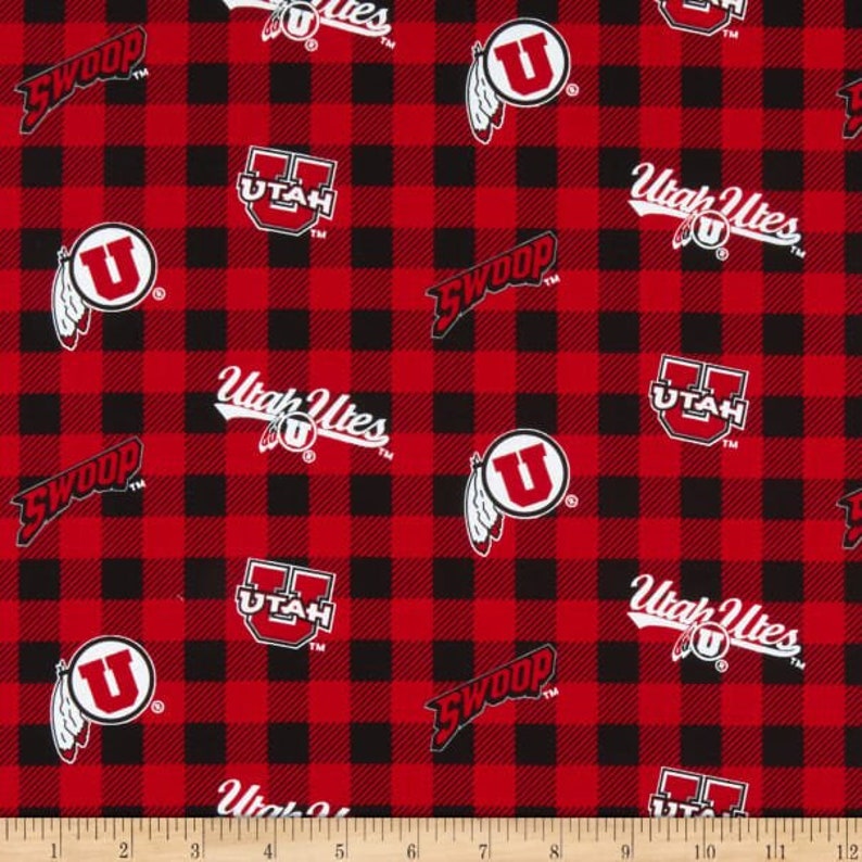 NCAA University of Utah Utes Swoop Red & Black College Logo 100% Cotton Fabric by Sykel 4 Styles 1207 BUFFALO PLAID