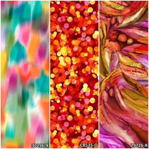 May include: Three abstract fabric designs. The first features blurred vertical strokes in shades of pink, orange, green, and blue, with the text "30296-X". The second design is a pattern of red and yellow circles, with the text "C8535-O". The third design has a floral pattern with the text "29726-R".