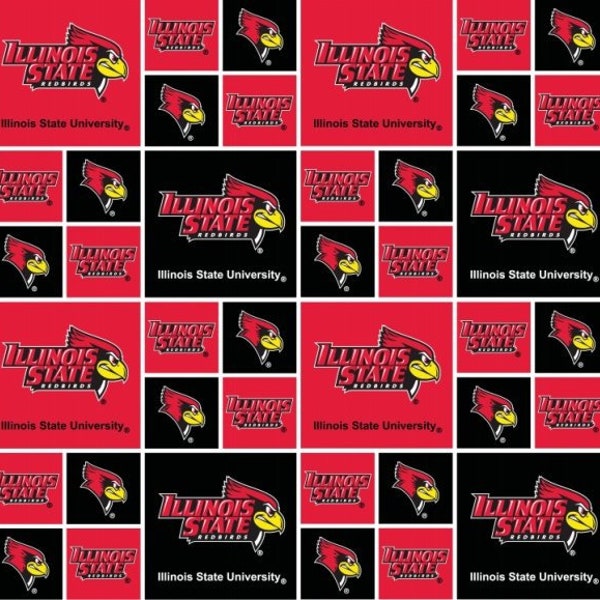 NCAA Illinois State University, Redbirds College Logo, ILLST-020 Red & Black Blocks 100% Cotton Fabric by Sykel!