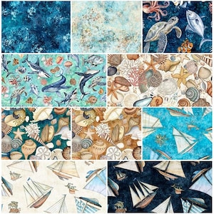 May include: A collection of ten fabric swatches featuring nautical and marine themes, including deep blue water textures, sea turtles, sharks, whales, various seashells, starfish, coral, and sailboats on both light and dark backgrounds.