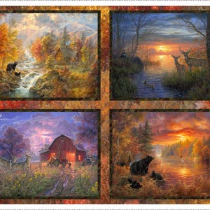 Paneles de tela 100 % algodón "Whitetail Country Countryside" de 3 Wishes: pavo, ardilla, mapache, oso negro y venado de cola blanca (2 estilos)