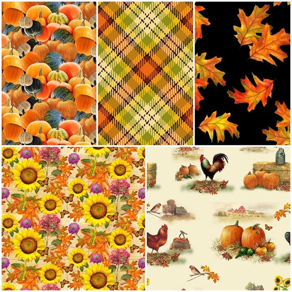 Autumn Splendor Sunflowers, Fall, Pumpkins, Plaid, Leaves, Roosters 100% Cotton Fabric by Henry Glass! 5 Styles