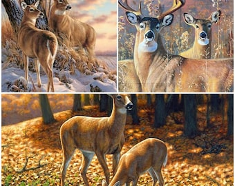 以下が含まれることがあります： 自然環境にいるオジロジカを描いた3つの異なる絵画のコレクション。雪の積もった冬の風景、背の高い乾燥した草の中、そして落ち葉で覆われた森の中に立つ鹿の姿が描かれています。