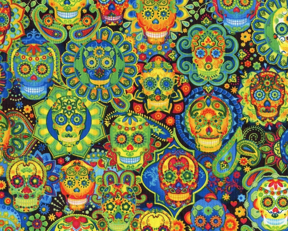 Dia De Los Muertos Sugar Skulls Day of the Dead 100% Cotton Fabric! 5 ...