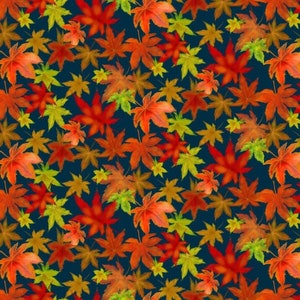 Autumn Pumpkins, Red Trucks, Plaid & Leaves 100% Cotton Quilting Fabrics 4 Styles 6227-78 LEAVES NAVY