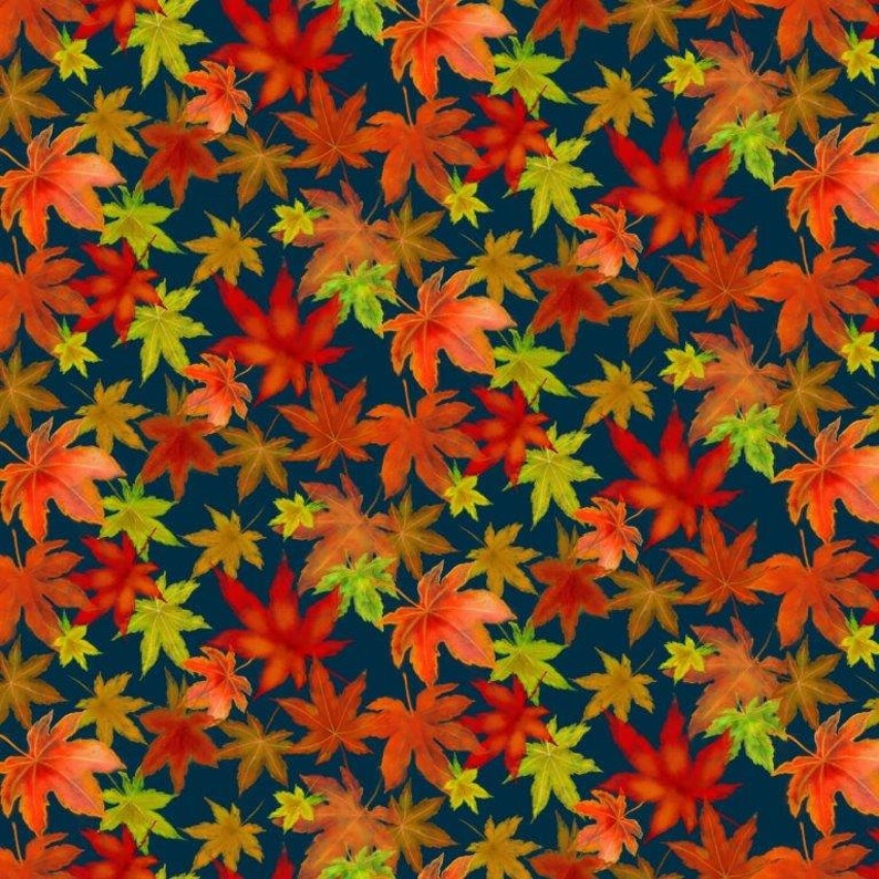 Autumn Pumpkins, Red Trucks, Plaid & Leaves 100% Cotton Quilting Fabrics 4 Styles 6227-78 LEAVES NAVY