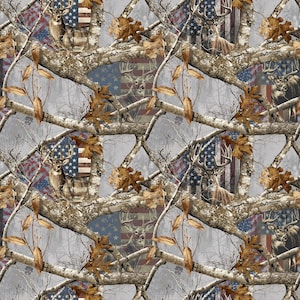 May include: A repeating fabric pattern featuring white-tailed deer heads, brown oak leaves, and bare tree branches layered over a faded American flag background. The design incorporates the Realtree logo in small black text throughout the print.