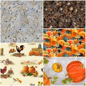 Autumn Fall Splendor Pumpkin Gourds Harvest, Berries, Chickens, Roosters, Pinecones, 100% Cotton Fabrics by QT ! 5 Styles