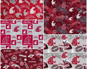 NCAA Washington State Cougars Red & Grey 100% College Logo Cotton Fabric by Sykel! 5 Styles