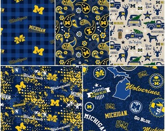 NCAA University of Michigan Wolverines Blue & Gold College Logo 100% Cotton Fabric by Sykel! 14 Styles
