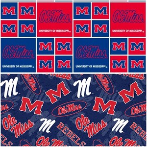 NCAA Ole Miss Rebels Red & Blue College Logo 100% Cotton Fabric by Sykel