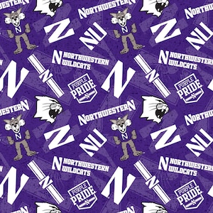 NCAA Northwestern University Wildcats NWS-1178 Purple & White College Logo 100% Cotton Fabric by Sykel!