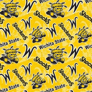 May include: Yellow fabric featuring a repeating pattern of the Wichita State University mascot, the Shocker, along with the letter "W" and the words "Shockers" and "Wichita State". The design is in black and yellow.