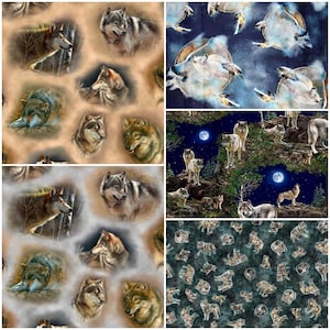 May include: A collage of fabric patterns featuring wolves. One pattern shows wolves in a forest setting, another depicts wolves against a night sky with a full moon, and the others have wolf portraits.