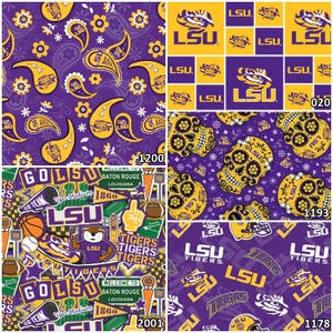 May include: A collage of five fabric patterns featuring the LSU Tigers theme in purple and gold. Designs include paisley prints, a grid of LSU logos, sugar skulls, sports equipment with team text, and a repeating pattern of LSU Tigers logos.
