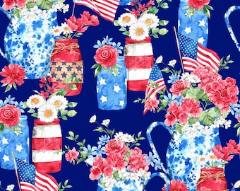 Mason Jars 22942 Victory Floral Patriotic USA July 4 100% Cotton Fabric!