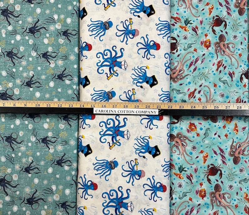 Octopus, Squid, Deep Ocean, Aquatic Animals 100% Cotton Fabric 3 Styles image 1