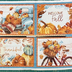 Welcome Fall, Thankful, Aqua and Orange Pumpkin Autumn Feels 22212 100% Cotton Fabric 36&quot; Pillow Panels!