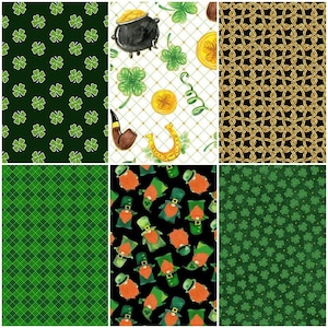 Pot O' Gold, St. Patrick's Day, St. Paddy's, Shamrocks, Guld, Klöver, 100 % bomullstyg från Quilting Treasures! 6 stilar!
