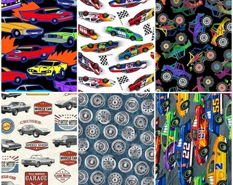 Muscle Car Garage, Monster Trucks, Vintage Models, Hot Rods & Road Signs 100% Cotton Fabrics! 6 Styles