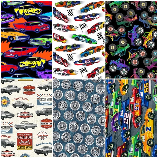 Muscle Car Garage, Monster Trucks, Vintage Models, Hot Rods & Road Signs 100% Cotton Fabrics! 6 Styles