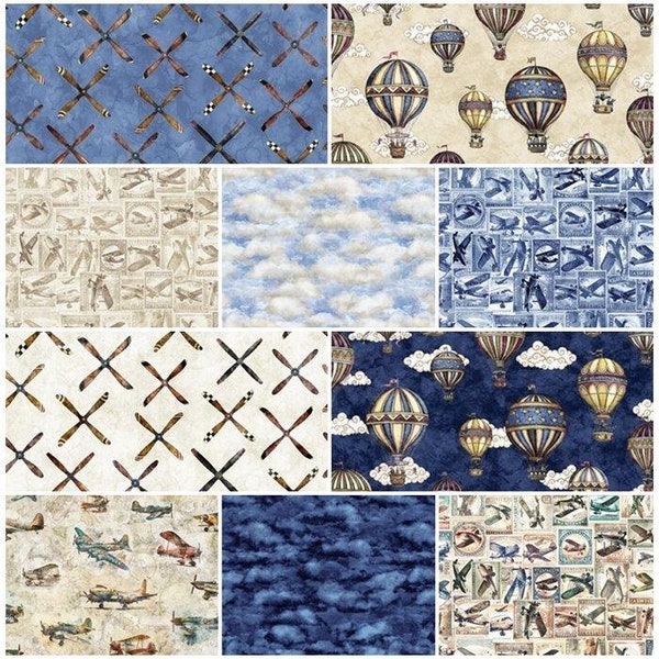 Flying High Vintage Airplanes, Propellers, Hot Air Balloons, & Clouds 100% Cotton Fabric! 10 Styles