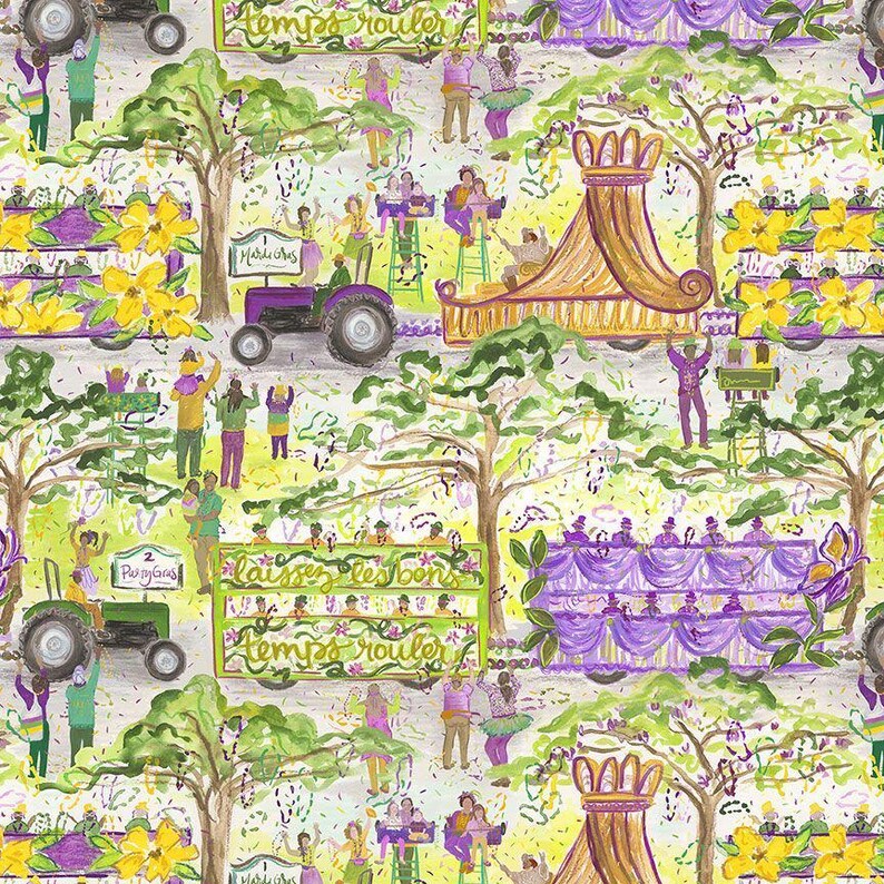 Carnaval de Mardi Gras, Martes de Carnaval, Nueva Orleans, cuentas, plumas, lentejuelas, Nola, confeti. ¡Telas 100 % algodón! 12 estilos. 2399 MULTI TRACTORS