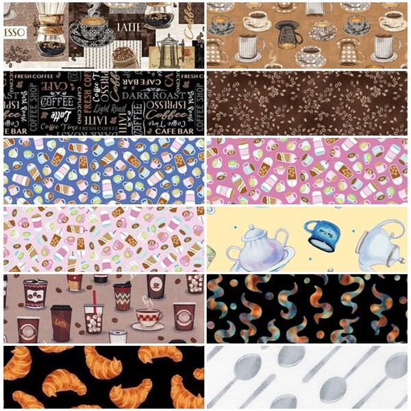 Coffee Connoisseur, Cups, Beans, Cafe, Latte, Espresso 100% Cotton Fabrics! 12 Styles!